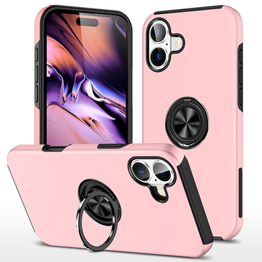 iPhone 16 Comprehensive Protection Case Cover with Magnetic Ring Holder: Anti-Shock, Anti-Falling - Pink